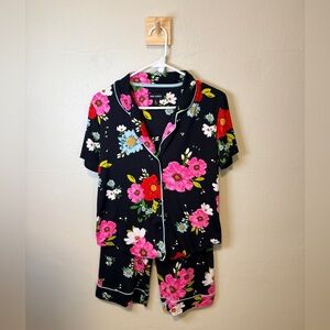 Floral Women's Pajama Set - Black with Pink and Red Flowers